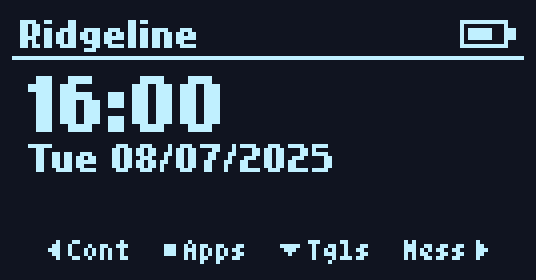 mishmesh home screen: node name, big clock, quick-action hints